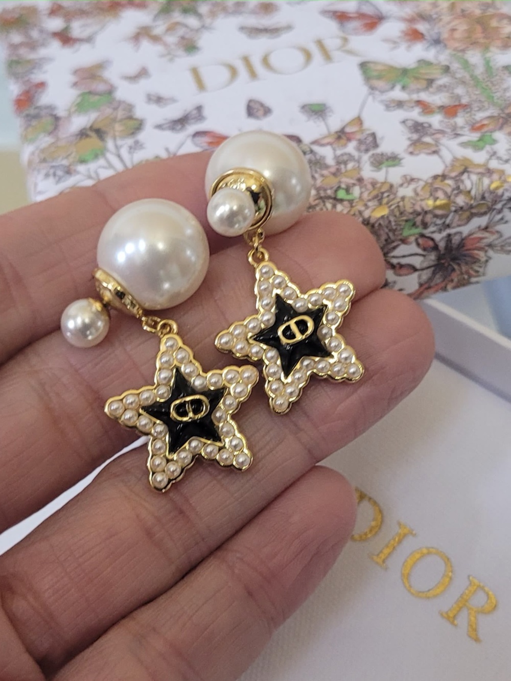 Dior Gold-Tone Pearl Drop Earrings with Black Star